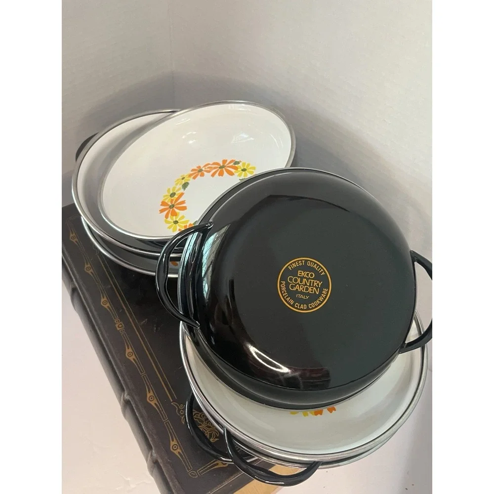 Vintage Ekco Country Garden Porcelain Enamel Pans‎ Set of 7 Italy Daisy Floral